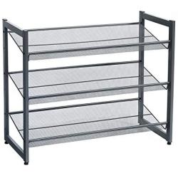 SONGMICS 3-Tier Shoe Rack Storage, Metal Mesh, Flat or Angled Stackable Shoe Shelf Stand for 9 to 12 Pairs of Shoes, Cool Gray ULMR03GB