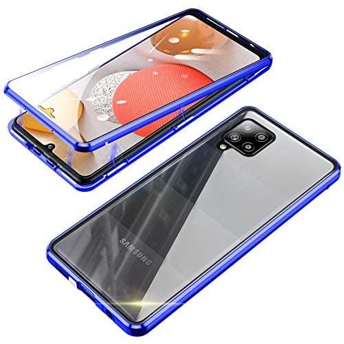 Jonwelsy Magnetic Adsorption Case for Samsung Galaxy A42, 360 Degree Front and Back Clear Tempered Glass Flip Cover, Metal Bumper Frame for Samsung Galaxy A42 (Blue)