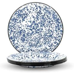 Red Co. Enamelware Metal Classic 10 inch Round Dinner Plate, Navy Blue Marble/Black Rim - Splatter Design - Set of 4