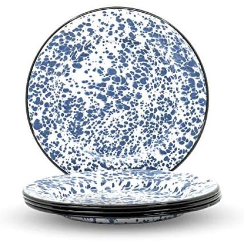 Red Co. Enamelware Metal Classic 10 inch Round Dinner Plate, Navy Blue Marble/Black Rim - Splatter Design - Set of 4