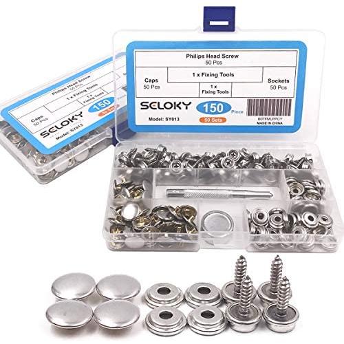 150 Pcs Snaps Fastener Screw Snaps, Heavy Duty Metal Snaps Button for Boat Canvas with 2 Pcs Setting Tool by Seloky, 50 Sets(Marine Grade, 3/8'' Socket, 5/8'' Screw)