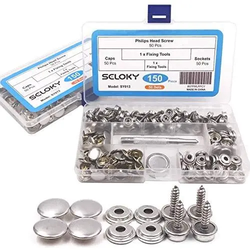 150 Pcs Snaps Fastener Screw Snaps, Heavy Duty Metal Snaps Button for Boat Canvas with 2 Pcs Setting Tool by Seloky, 50 Sets(Marine Grade, 3/8'' Socket, 5/8'' Screw) 150 Pcs Snaps Fastener Screw Snaps, Heavy Duty Metal Snaps Button for Boat Canvas with 2 Pcs Setting Tool by Seloky, 50 Sets(Marine Grade, 3/8'' Socket, 5/8'' Screw)