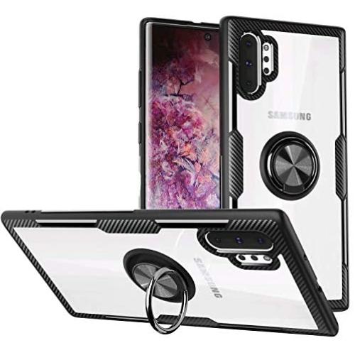Galaxy Note 10+ Plus/Pro/5G Case,WATACHE Crystal Clear Carbon Fiber Design Armor Protective Case with 360 Degree Rotation Finger Ring Grip Holder Kickstand for Galaxy Note 10+/Plus,Black