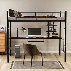 Twin Metal Loft Bed with Desk, Twin Size Bunk Bed with Bilateral Ladders, Guardrails, Desk and Bookcase, Space-Saving Loft Bed with Keyboard Tray for Boys & Girls Teens