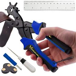 Belt Hole Puncher by Skilled Crafter Easily Punches Perfect Round Holes. FREE Ruler & Awl Tool. Best Professional Leather Hole Punch Set for Watch, Shoe, Bag Strap, Eyelet + 2 Year Warranty