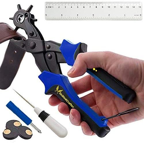 Belt Hole Puncher by Skilled Crafter Easily Punches Perfect Round Holes. FREE Ruler & Awl Tool. Best Professional Leather Hole Punch Set for Watch, Shoe, Bag Strap, Eyelet + 2 Year Warranty