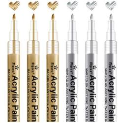 Paint Pen Gold Silver Metallic Permanent Acrylic Markers Set for Fabric Glass Rock Wooden Ceramic Leather Tire Painting, 0.7mm Extra Fine Tip (3pcs Gold+3pcs Silver)