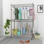 Kemanner Heavy Duty Rolling Garment Rack 3-Tiers Wire Shelving W/ Double Rods & Lockable Wheels & 1 Pair Side Hooks - Hold Up to 400Lbs (Gray, 2Rod 2Hook)