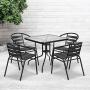 Flash Furniture 31.5 Square Glass Metal Table with 4 Black Metal Aluminum Slat Stack Chairs