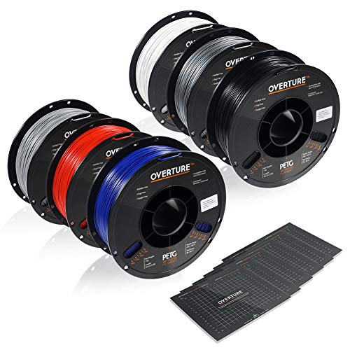 OVERTURE PETG Filament 1.75mm with 3D Build Surface 200 x 200 mm 3D Printer Consumables, 1kg Spool (2.2lbs), Dimensional Accuracy +/- 0.05 mm, Fit Most FDM Printer (6 Color (6-Pack))