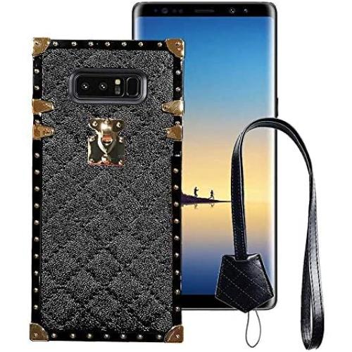 BabeMall Compatible for Samsung Galaxy S8 Plus Case, Luxury Diamond Design Metal Gold Four Corner Protective Square Anti-Fall PU Leather Back Classic TPU Bumper Case - Black