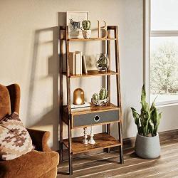 Rolanstar Ladder Shelf with Drawer, Rustic Ladder Bookshelf, 4-Tier Utility Organizer Shelves, Stable Metal Frame, for Living Room, Office Room, Rustic Brown