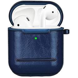 MOBEALO AirPods Leather Case 2 2019 Newes Protective Skin Cover Shockproof Accessories [Front LED Visible] with Stainless Steel Keychain Support Wireless Charging(Blue)