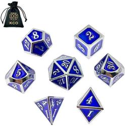 KCO DND Metal Dice Set Enamel dice 7 Pieces Metal Dice Set DND Dice Role Playing Game Dice Set with Storage Bag for RPG Dungeons and Dragons D&D Math Teaching (Dark Blue Silver)