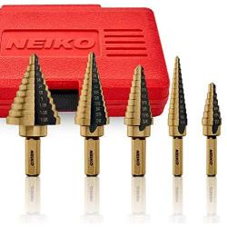 Neiko 10197A Titanium Step Drill Bit Set, High Speed Steel | 5-Piece Set | Total 50 Sizes