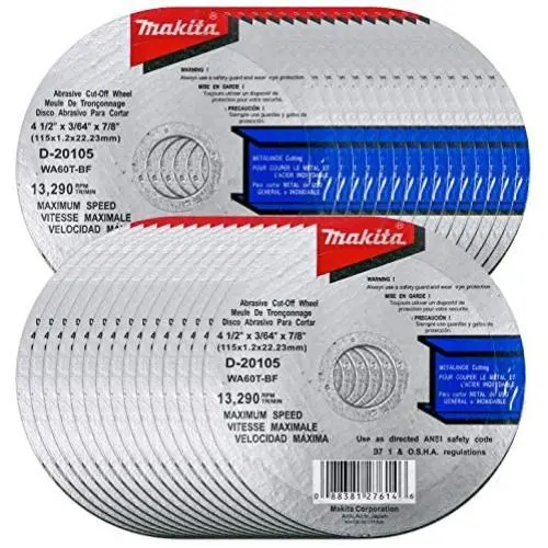 Makita 30 Pack - 4.5'' Cut Off Wheels For Grinders - Aggressive Cutting For Metal & Stainless Steel/INOX - 4-1/2'' x .045 x 7/8-Inch Makita 30 Pack - 4.5'' Cut Off Wheels For Grinders - Aggressive Cutting For Metal & Stainless Steel/INOX - 4-1/2'' x .045 x 7/8-Inch