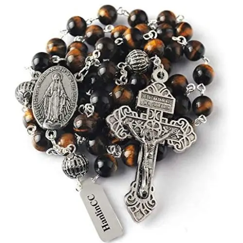 HanlinCC 8mm Tiger Eyes Beads with 10mm Metal Our Father Beads Rosary with Miraculous Center Piece and Cross with Leather Gift Box HanlinCC 8mm Tiger Eyes Beads with 10mm Metal Our Father Beads Rosary with Miraculous Center Piece and Cross with Leather Gift Box