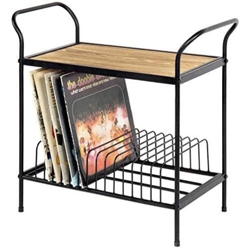 MyGift 2-Tier Rustic Brown Wood & Black Metal Turntable Stand with 14 Slot Vinyl Record Storage Holder