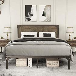Amolife Full Size Bed Frame with Rivet Industrial Headboard,Heavy Duty Metal Platform Bed Frame with Strong Slat Supports,Mattress Foundation,Snow Brown