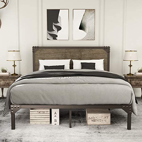 Amolife Full Size Bed Frame with Rivet Industrial Headboard,Heavy Duty Metal Platform Bed Frame with Strong Slat Supports,Mattress Foundation,Snow Brown
