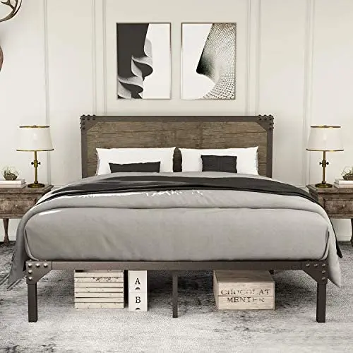 Amolife Full Size Bed Frame with Rivet Industrial Headboard,Heavy Duty Metal Platform Bed Frame with Strong Slat Supports,Mattress Foundation,Snow Brown