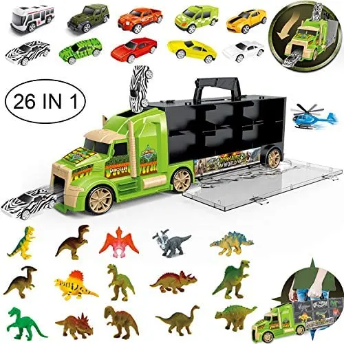 flashbluer Dinosaur Toys Truck with 15 Dinosaurs, 5 Metal and 5 Plastic Die-Cast Cars and 1 Helicopter and Dinosaurs Book for 3-12 Years Old Boys and Girls flashbluer Dinosaur Toys Truck with 15 Dinosaurs, 5 Metal and 5 Plastic Die-Cast Cars and 1 Helicopter and Dinosaurs Book for 3-12 Years Old Boys and Girls