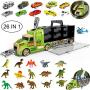 flashbluer Dinosaur Toys Truck with 15 Dinosaurs, 5 Metal and 5 Plastic Die-Cast Cars and 1 Helicopter and Dinosaurs Book for 3-12 Years Old Boys and Girls