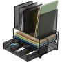 SimpleHouseware Mesh Desk Organizer with Sliding Drawer, Double Tray and 5 Upright Sections, Black