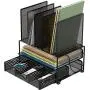 SimpleHouseware Mesh Desk Organizer with Sliding Drawer, Double Tray and 5 Upright Sections, Black