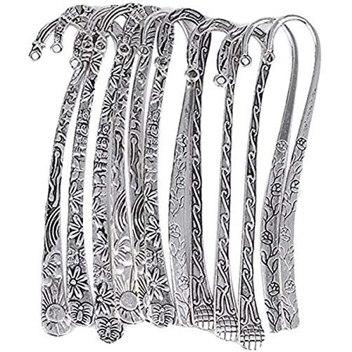 HOUSWEETY 12pc Mixed Antique Tibetan Silver Carved Hook Bookmarks [Office Product]