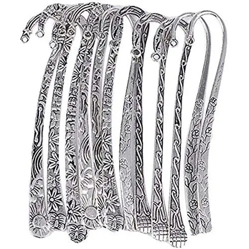 HOUSWEETY 12pc Mixed Antique Tibetan Silver Carved Hook Bookmarks [Office Product]