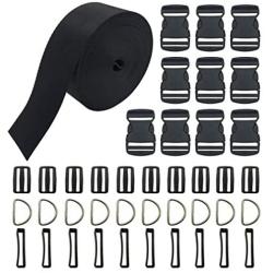 Vtete 2 Inch 10 Yards Black Nylon Heavy Webbing Strap + 10 PCS 2'' Flat Side Release Buckles, D Rings and Tri-Glide Slides - Plastic Buckles Kit for DIY Pet Collar, Luggage Straps & Backpack Repairin