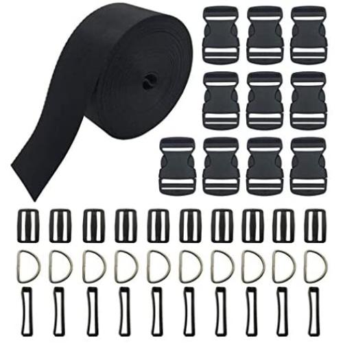 Vtete 2 Inch 10 Yards Black Nylon Heavy Webbing Strap + 10 PCS 2'' Flat Side Release Buckles, D Rings and Tri-Glide Slides - Plastic Buckles Kit for DIY Pet Collar, Luggage Straps & Backpack Repairin