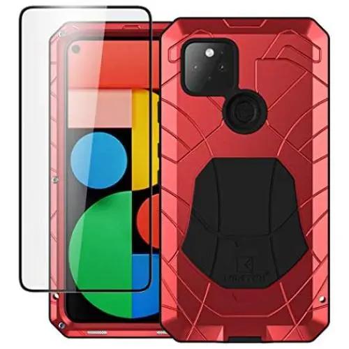 Pixel 5 Metal Case with Screen Protector, Google 5 Case Heavy Duty, Feitenn Hard Cover Armor Silicone Military Rugged Bumper Shockproof Defender Rubber Men Gift Shell for Google Pixel 5 5G 2020 - Red
