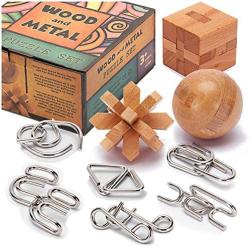 Brain Teasers Metal and Wooden Puzzles for Kids and Adults 9 Pack, Mind, IQ, and Logic Test and Handheld Disentanglement Games, 3D Coil Cast Wire Chain and Durable Wood Educational Toys