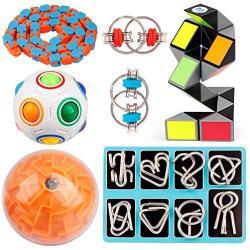 D-FantiX 14 Pcs Brain Teaser Puzzles Toy Set, Magic Rainbow Puzzle Ball, 3D Maze Ball, Magic Snake Cube, Metal Wire Puzzle, Flippy Chain, 48 Link Wacky Tracks Sensory Fidget Toys Kids Stocking Stuffer