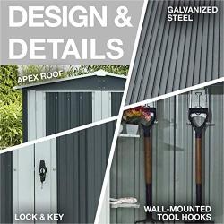 Hanover HANAPEXSHD-GW Twist Lock and 2 Tool Hooks, Dark Gray/White 3 5 x 6-Ft. Galvanized Steel Apex Patio Storage Shed