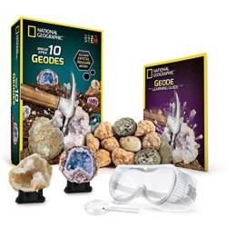 NATIONAL GEOGRAPHIC Break Open 10 Premium Geodes – Includes Goggles, Detailed Learning Guide & 2 Display Stands - Great STEM Science Gift for Mineralogy & Geology Enthusiasts of Any Age