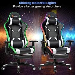 Goplus Massage Gaming Chair with RGB Light, Reclining Backrest Handrails and Seat Height Adjustment Racing Computer Office Chair with Footrest, Ergonomic High Back PU Swivel Game Chair