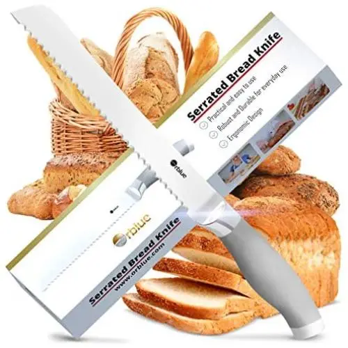 Orblue Serrated Bread Knife Ultra-Sharp Stainless Steel Professional Grade Bread Cutter - Cuts Thick Loaves Effortlessly - Ideal for Slicing Bread, Bagels, Cake (8-Inch Blade with 4.9-Inch Handle) Orblue Serrated Bread Knife Ultra-Sharp Stainless Steel Professional Grade Bread Cutter - Cuts Thick Loaves Effortlessly - Ideal for Slicing Bread, Bagels, Cake (8-Inch Blade with 4.9-Inch Handle)