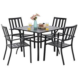 PHI VILLA 5 Piece Outdoor Patio Dining Set, Square Metal Slatted Table with 1.57” Umbrella Hole & 4 Metal Chairs for Deck, Yard