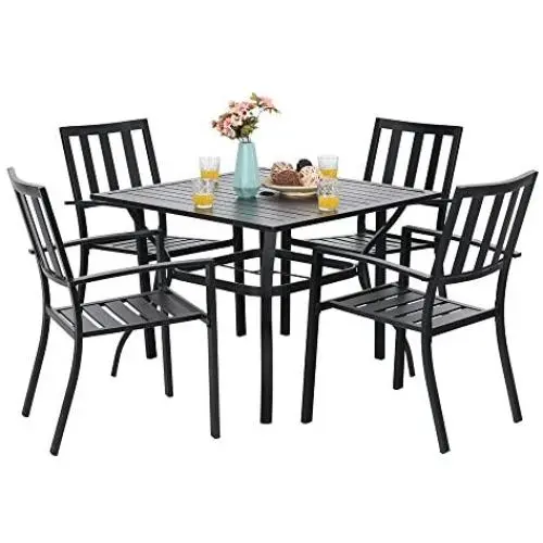 PHI VILLA 5 Piece Outdoor Patio Dining Set, Square Metal Slatted Table with 1.57” Umbrella Hole & 4 Metal Chairs for Deck, Yard PHI VILLA 5 Piece Outdoor Patio Dining Set, Square Metal Slatted Table with 1.57” Umbrella Hole & 4 Metal Chairs for Deck, Yard