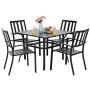 PHI VILLA 5 Piece Outdoor Patio Dining Set, Square Metal Slatted Table with 1.57” Umbrella Hole & 4 Metal Chairs for Deck, Yard