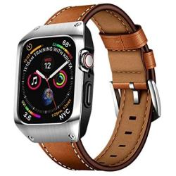 EloBeth 44mm Band Case Compatible with Apple Watch Band 44mm Series 6/5/4 & Apple Watch SE 44mm Bands, Genuine Leather Bands & Metal/PC Protective Case for iWatch Series 6/5/4/SE 44mm (Brown/Silver)