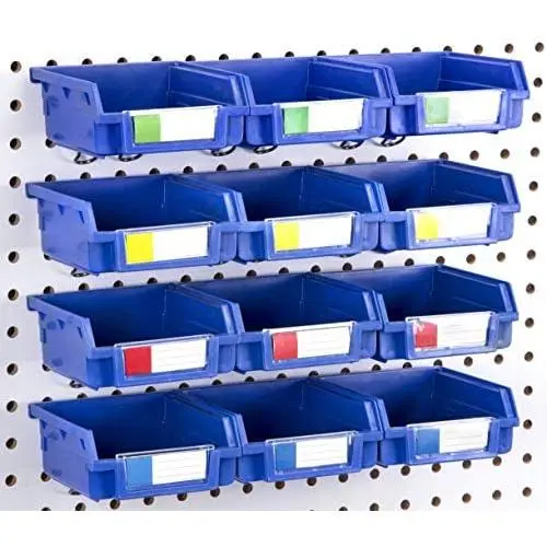 Right Arrange Pegboard Bins - 12 Pack Blue - Hooks to Any Peg Board - Organize Hardware, Accessories, Attachments, Workbench, Garage Storage, Craft Room, Tool Shed, Hobby Supplies, Small Parts