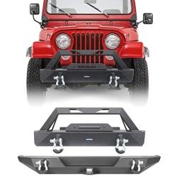 Hooke Road Front Winch Bumper & Rear Hitches Bumper Combo Kit Compatible with Jeep Wrangler CJ 1976-1986 (CJ7) (Solid Steel Textured Black)