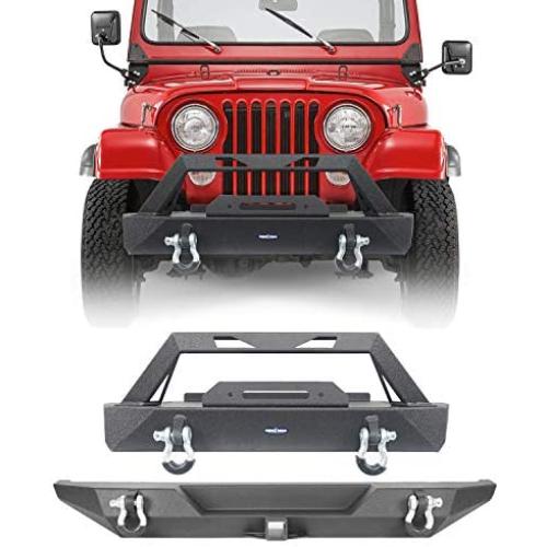 Hooke Road Front Winch Bumper & Rear Hitches Bumper Combo Kit Compatible with Jeep Wrangler CJ 1976-1986 (CJ7) (Solid Steel Textured Black)