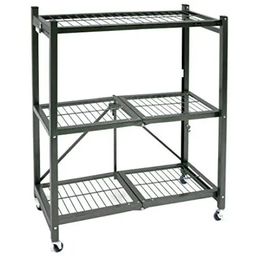 Origami 3 Shelf Foldable Storage Unit on 3'' Caster Wheels, Unfolds in 5 Seconds, Holds up to 750 Pounds, Metal Organizer Wire Rack, 29'' x 13'' x 36'', Heavy-Duty - Pewter