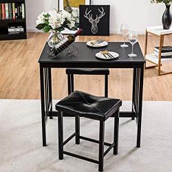 Giantex 3 Piece Dining Set, Counter Height Table Set with Black Frosted Tabletop and Metal Frame for Kitchen, Bar or Apartment w/ 2 Faux Leather Backless Stools, Compact, Space-Saving Design