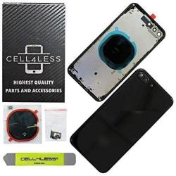 CELL4LESS Back Housing Assembly Metal Frame w/Back Glass - Wireless Charging pad - Sim Card Tray and Camera Frame and Lens for iPhone 8 Plus (Black)